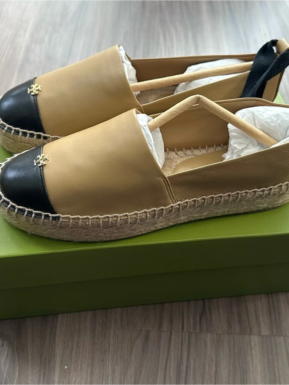 Tory Burch Tan and Black Leather Espadrille Slip-Ons
